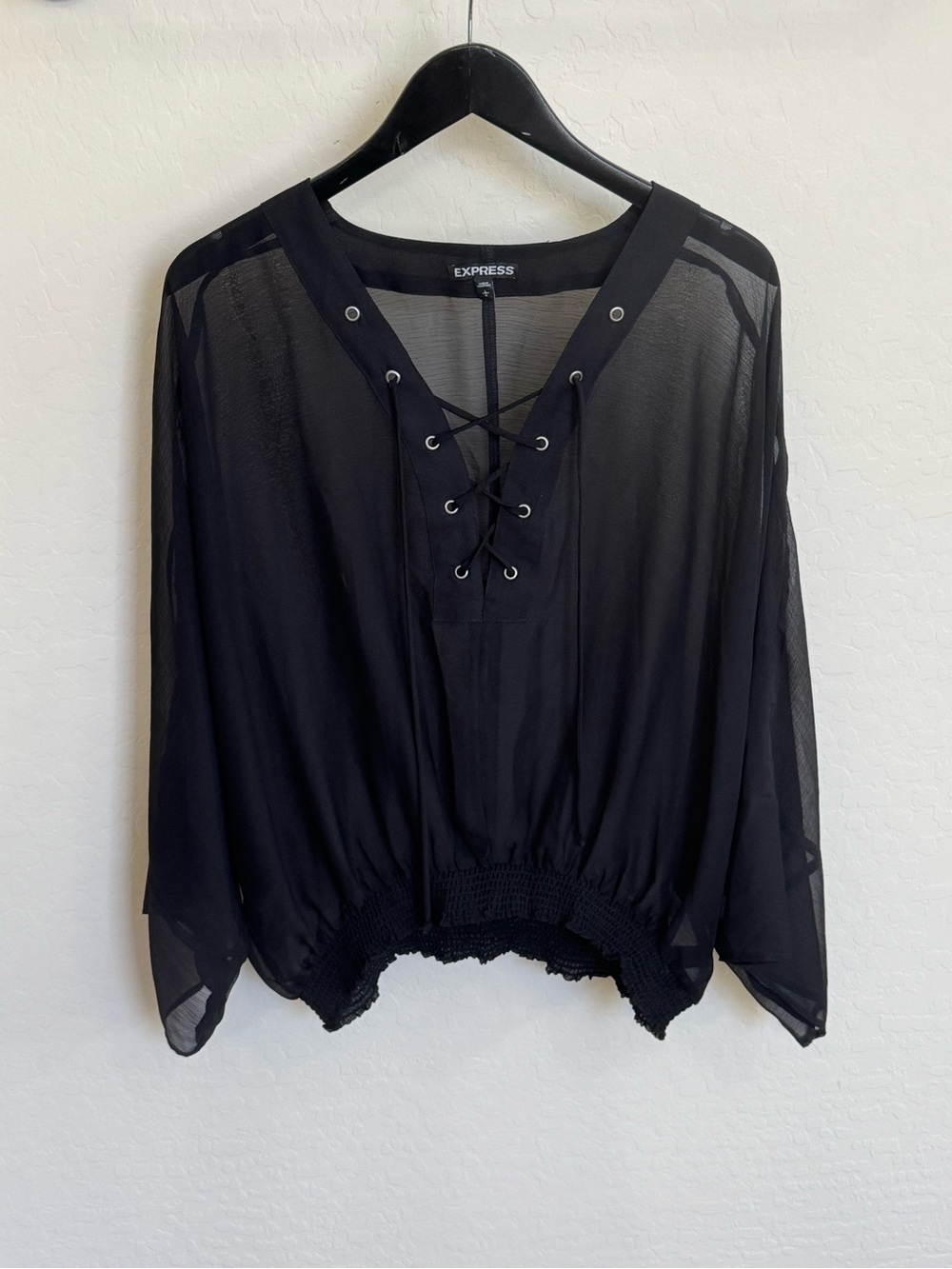Express Black Chiffon Lace-Up Sheer Blouse Smocked Hem Top Large Boho Festival